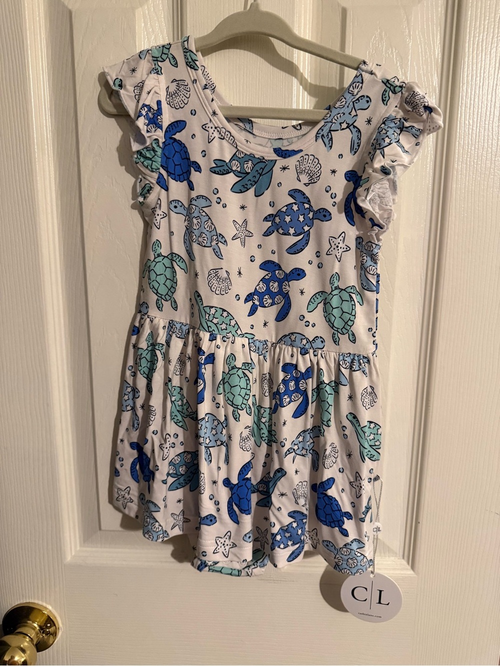 Caden Lane White Dress with Blue & Teal Sea Turtle Print